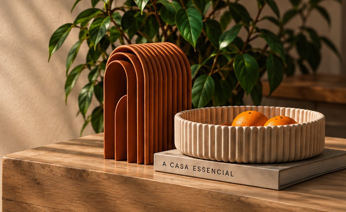 Porta-livros canelado em terracota e fruteira canelada sobre mesa com plantas