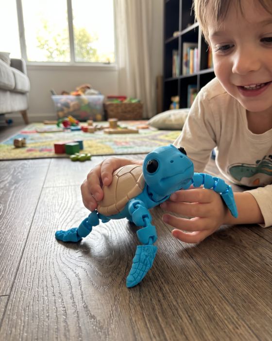 Criança brincando com a Tartaruga Articulada